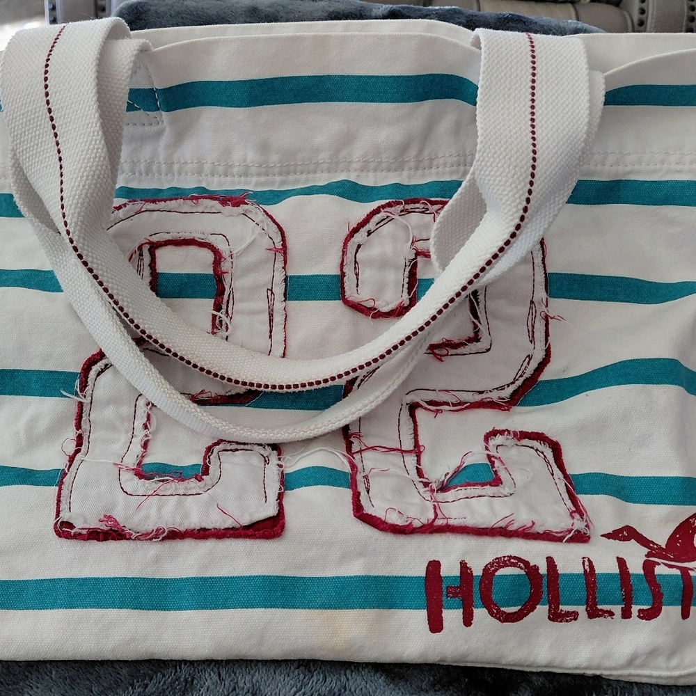 Hollister White and Teal Striped Tote with Red Accents